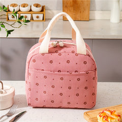 Large Floral Corduroy Insulated Lunch Bag Waterproof Aluminum Foil Lining
