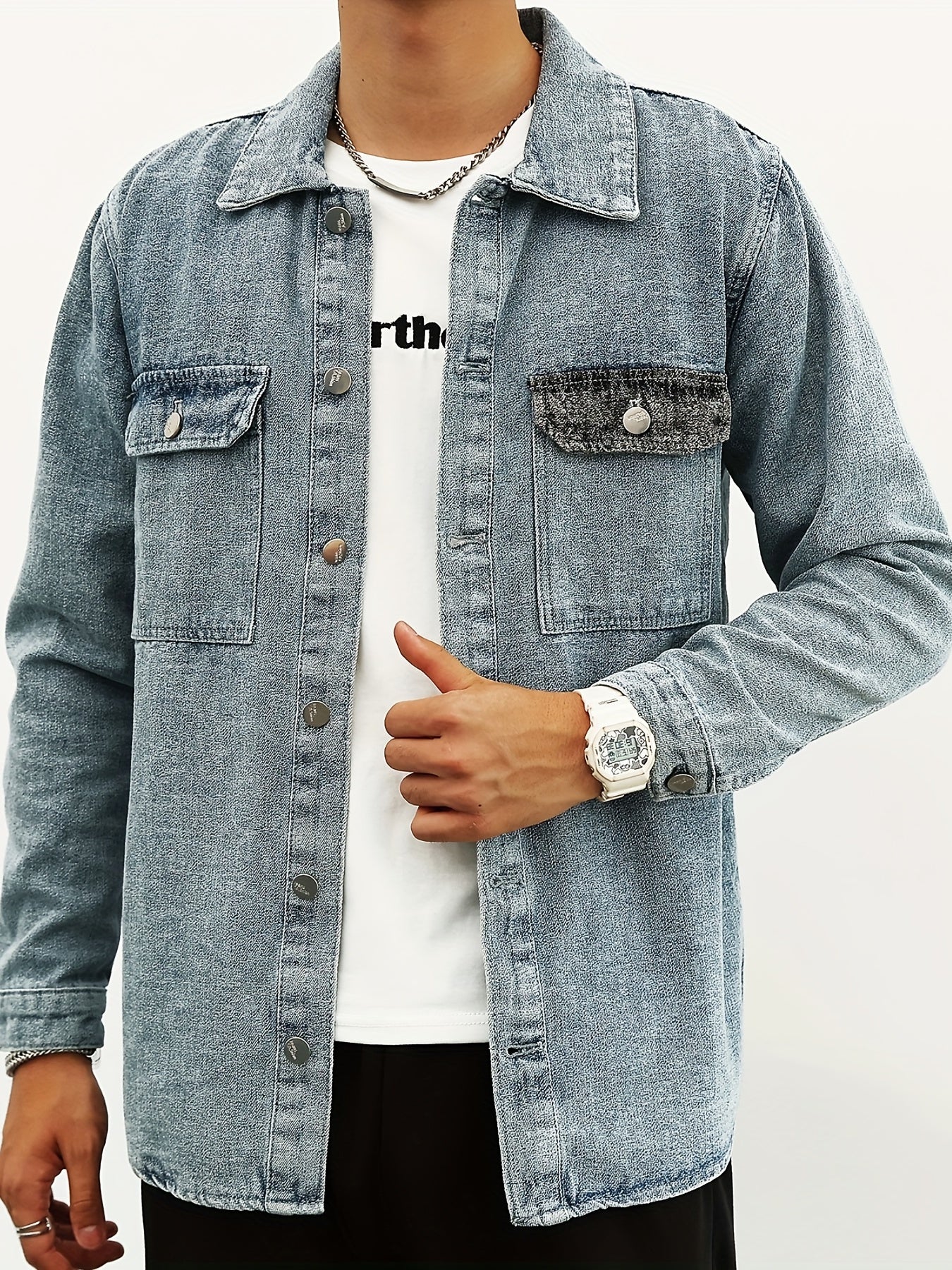 Men's Denim Jacket Lapel Button Up Coat Spring Fall