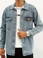 Men's Denim Jacket Lapel Button Up Coat Spring Fall