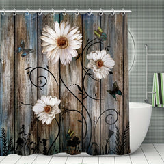 Non Slip Wooden Shower Curtain Set with 12 Hooks and Bathroom Decor