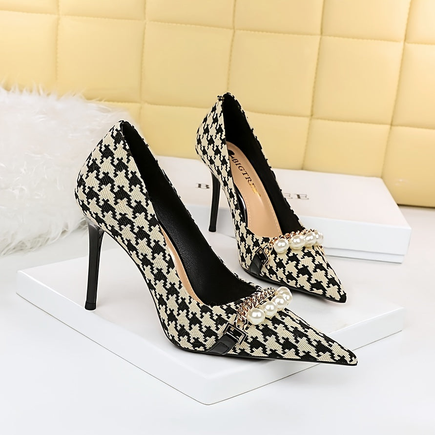 Women's Houndstooth Pointed Toe High Heels Stiletto Heels