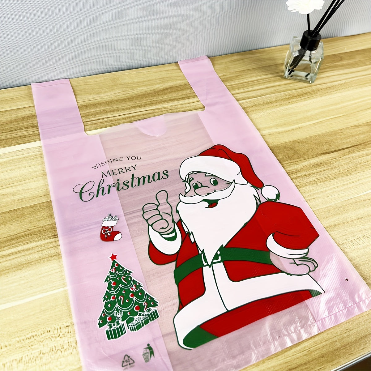 50pcs Pink Christmas Bags Santa Claus Printed Plastic Bags