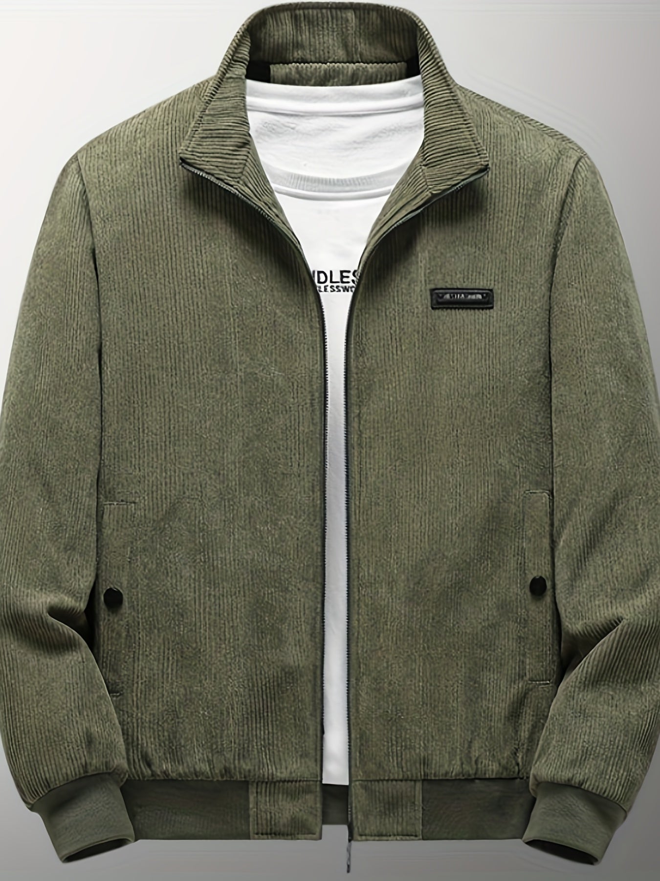Corduroy Solid Jackets For Men Zip Up Stand Collar Coat