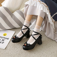 Women's Chunky Heels with Bowknot Decor, Sweet Strawberry Detail