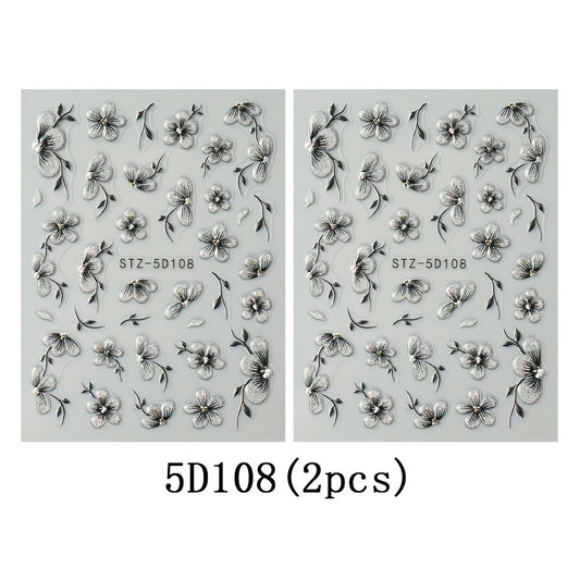 2pcs 5D Floral Nail Art Stickers Set Acrylic Flowers Decals with Glitter