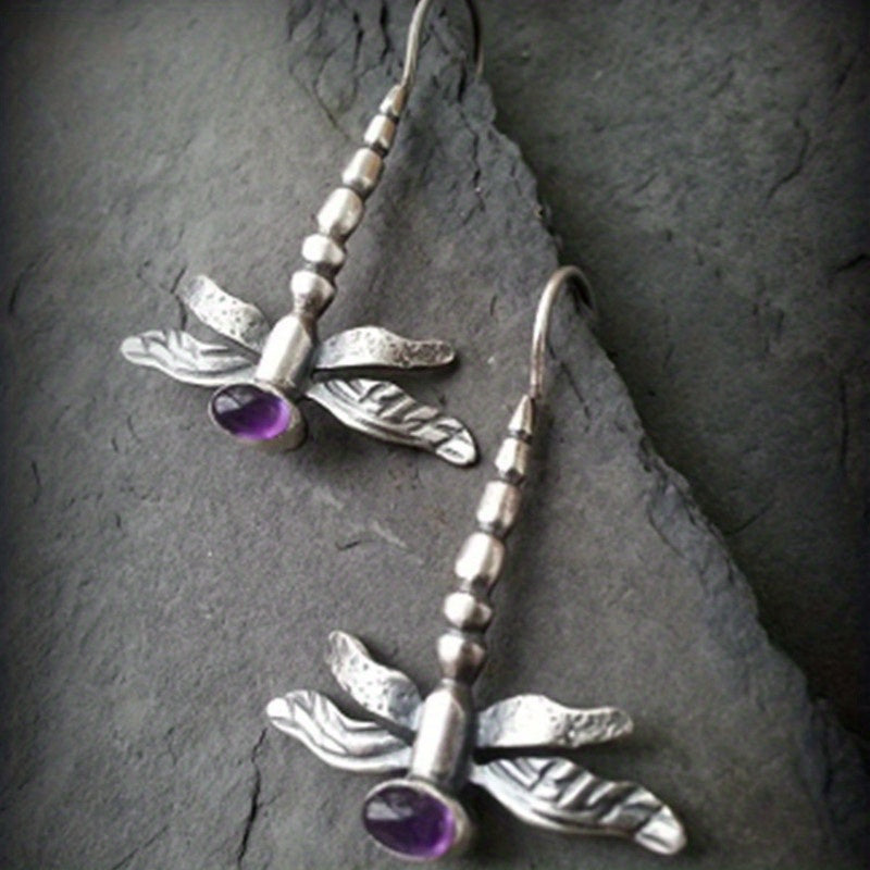 Vintage Dragonfly Stud Earrings with Oval Synthetic Gems for Party