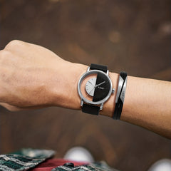 Men's Round Dial Quartz Watch & Letter Detail Bracelet Set