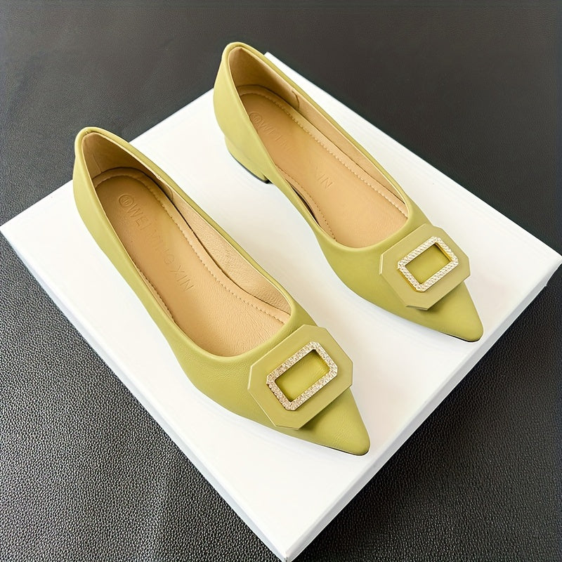 Women's Pointed Toe Low Heels Slip On Buckle Decor Chunky Heels