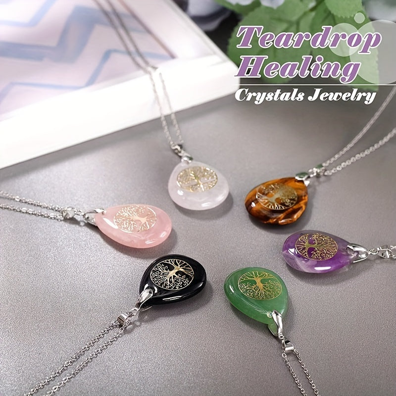 Life Tree Teardrop Crystal Pendant Necklace Chakra Charms for Women