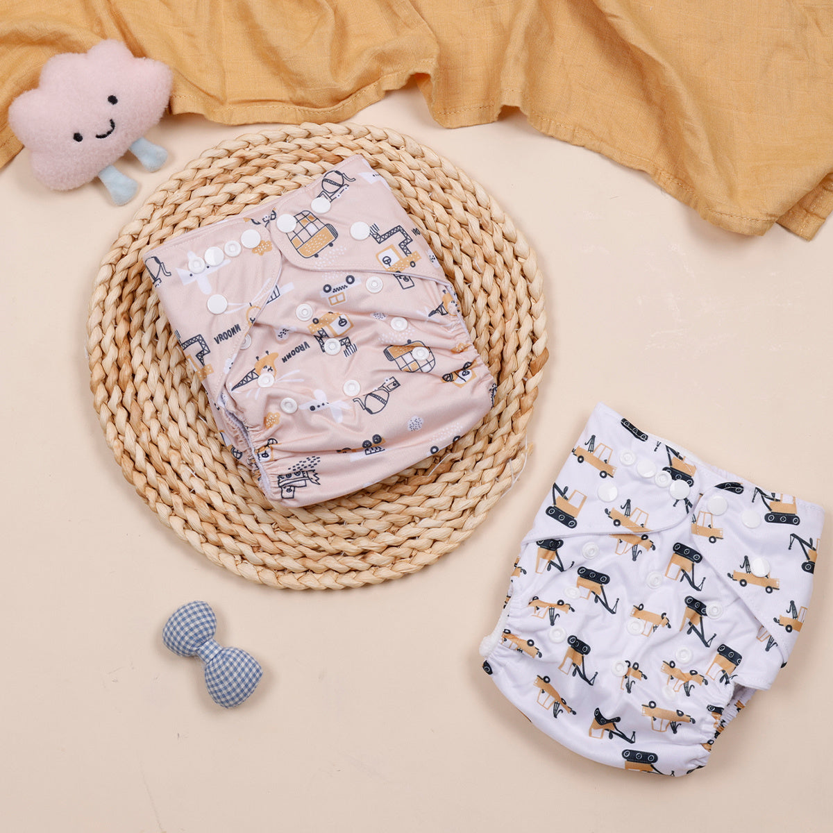 2pcs Sun Motif Cloth Pocket Diapers Waterproof & Washable Fits 2-14.97 KG