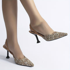 Women's Tweed Slingback High Heels Pointed Toe Slip On Stiletto Heels