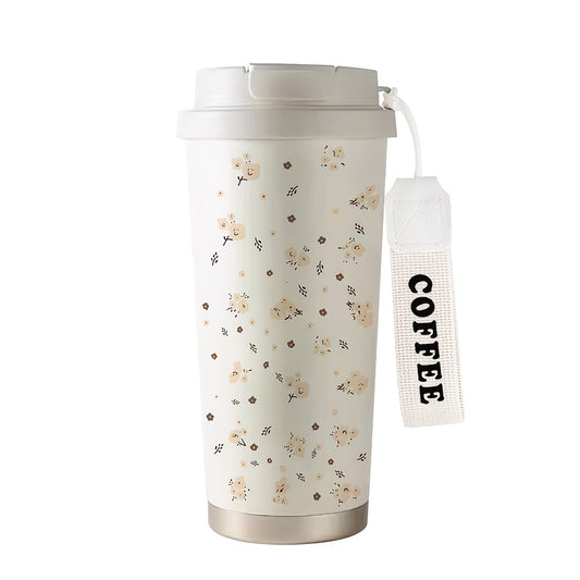 530ml Insulated Steel Coffee Cup Floral Rope Handle Hot & Cold Drinks