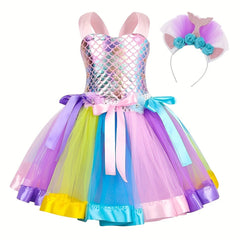 Mermaid Cosplay Costume & Headband Set Girl's Fish Scale Mesh Dress