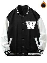 Men's Casual Baseball Jacket W Print Button Fleece Coat Block Outerwear Top