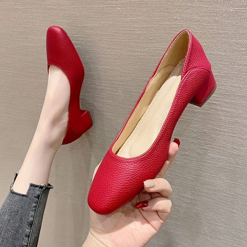 Women's Chunky Low Heels Slip On Square Toe Soft Sole Faux Leather Shoes