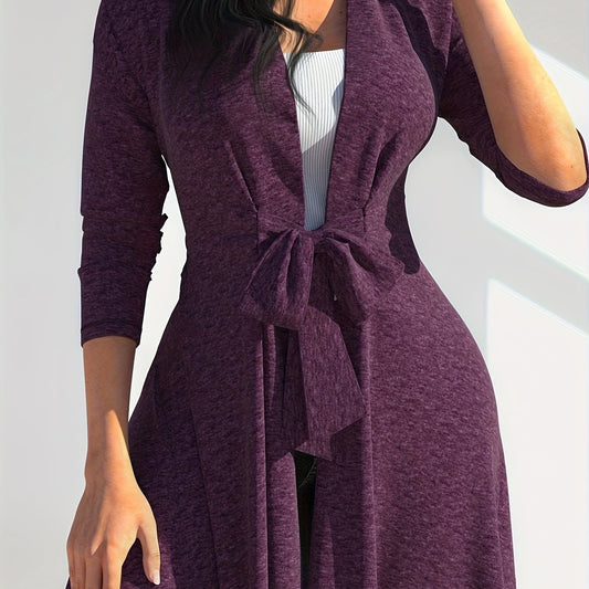 Solid Long Sleeve Belted Cardigan