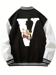 V Letter Print Teddy Bear Pattern Graphic Baseball Jacket Men's Clothes