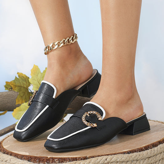 Low Heeled Mules Rhinestone Buckle Slip On Chunky Heels