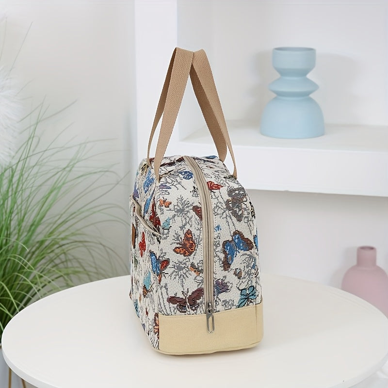 Vintage Style Nylon Lunch Bag Insulated Large Capacity Zippered Thermal Tote