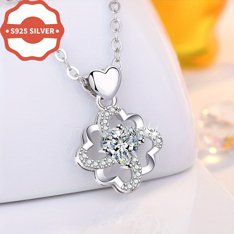 925 Silver Clover Pendant with Heart Charm for Everyday Wear