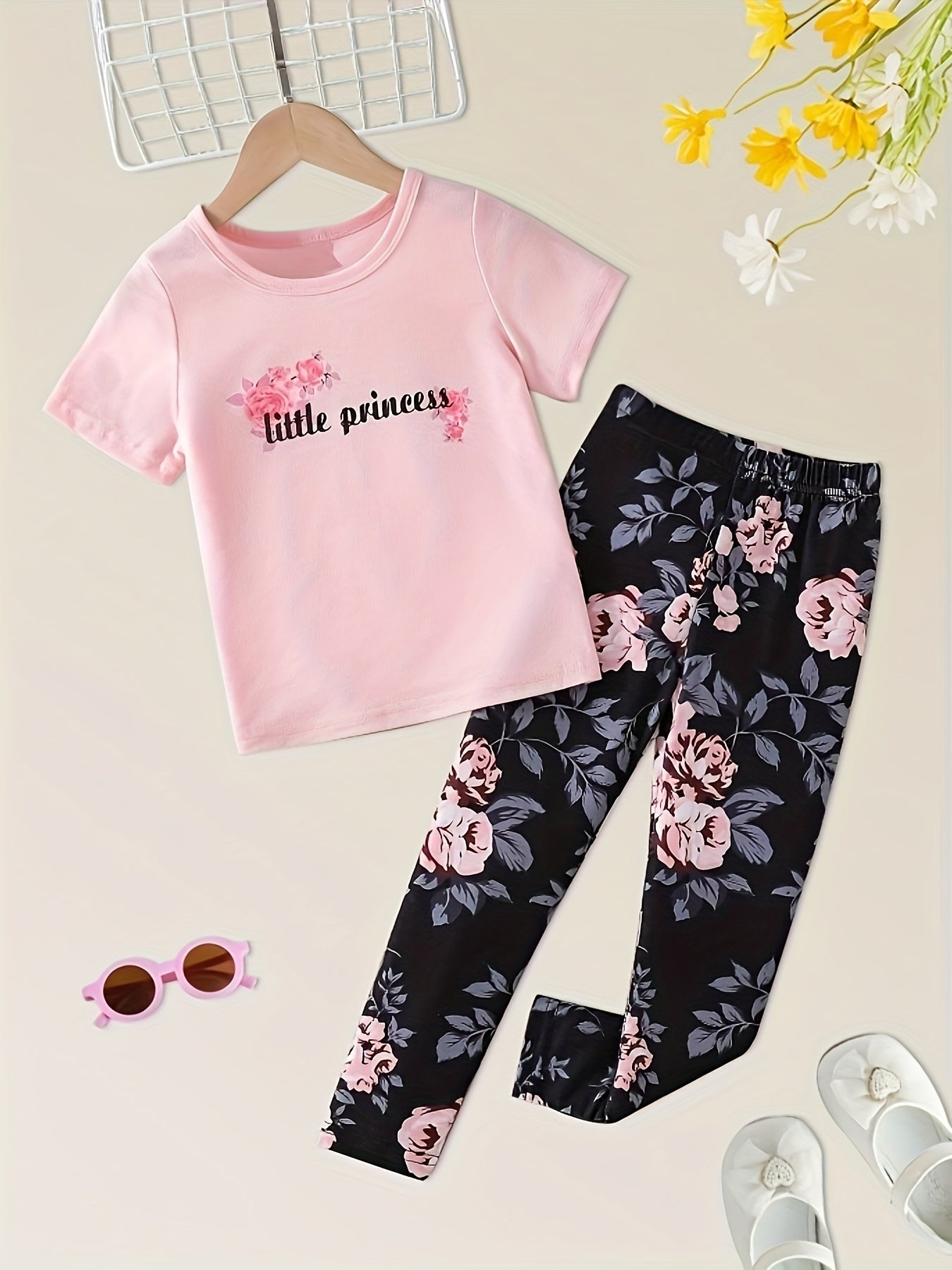 Toddler Girls Pajamas Set Cartoon Print Short Sleeve Top & Matching Pants