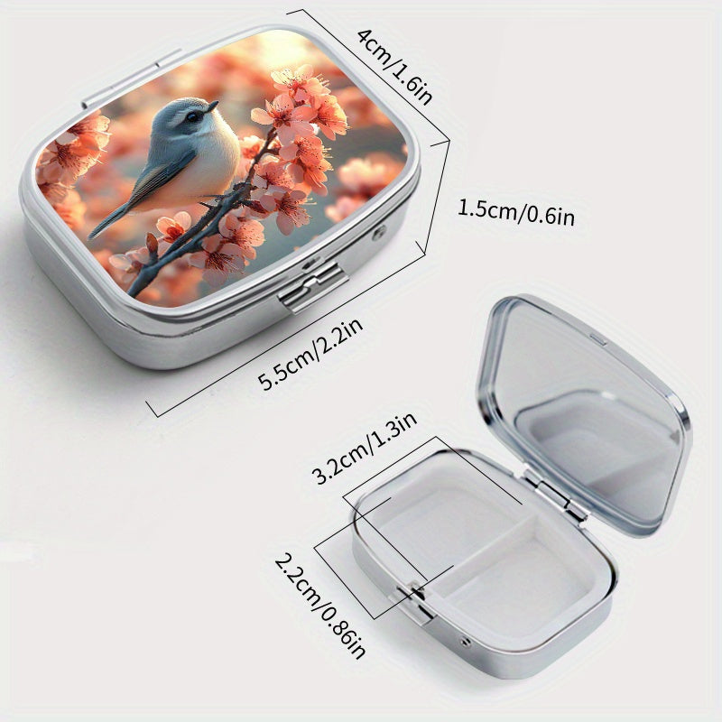 Compact 2 Compartment Pill Organizer with Bird Print