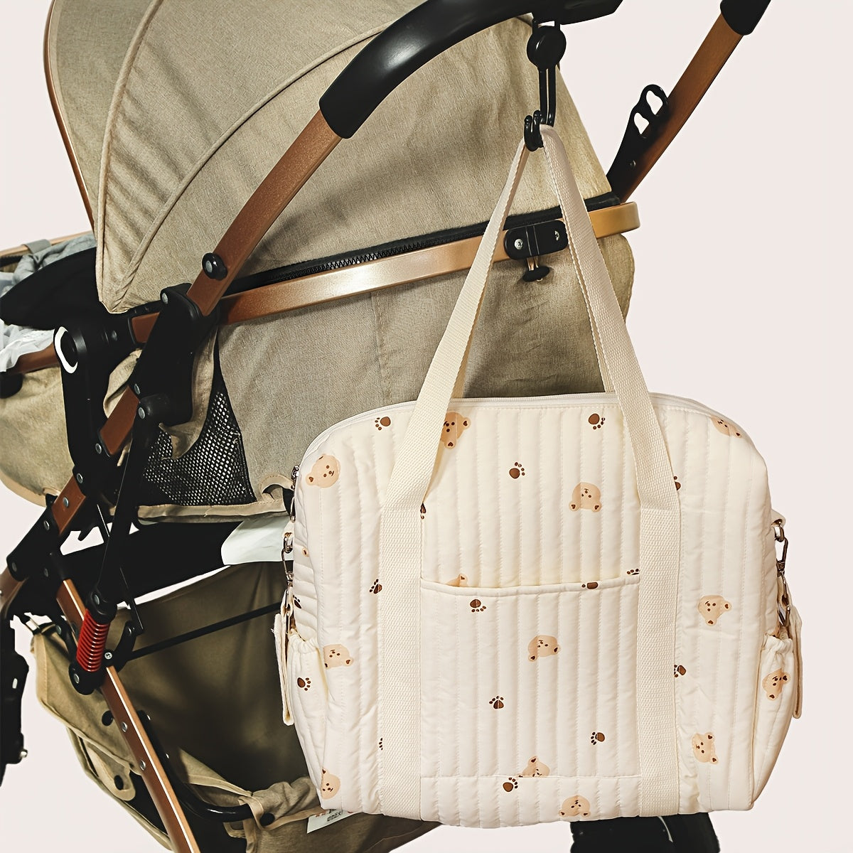 Bear Pattern Quilted Diaper Bag with Shoulder Strap & Stroller Hooks