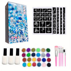 Temporary Glitter Tattoo Kit 24 Colors 200 Stencils 5 Brushes 3 Glue