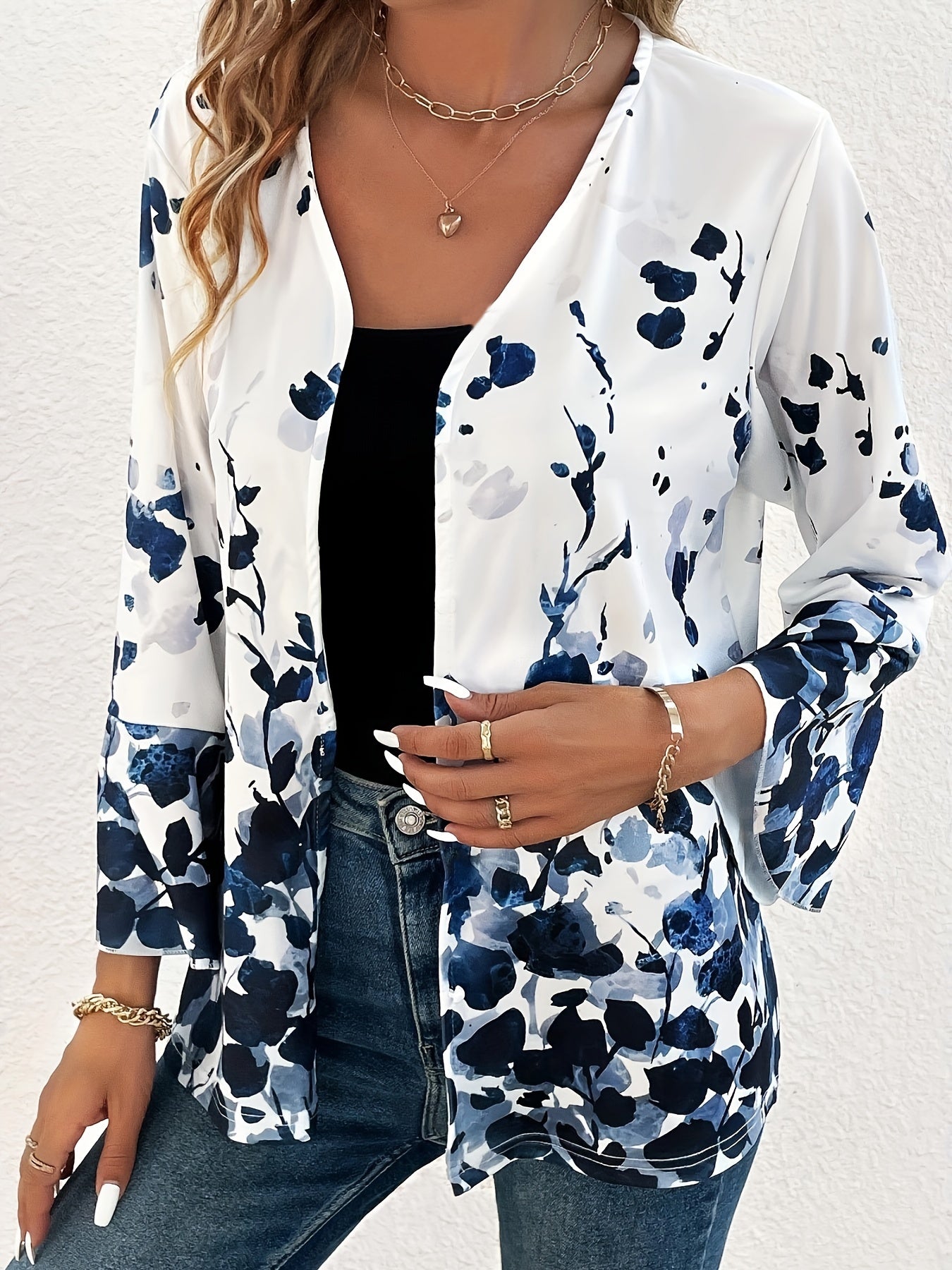 Floral Print Bell Sleeve Open Front Cardigan