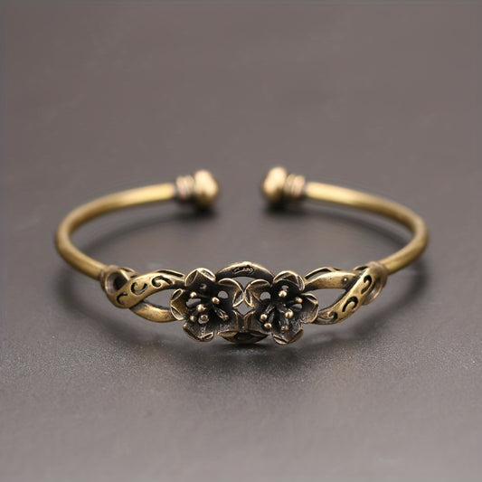 Vintage Brass 3D Flower Bracelet Retro Copper Adjustable Bracelet Gift