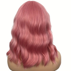 35 56 Cm Pink Body Wave Hair Wigs With Bangs Shoulder Length Short Bob Wavy Wigs