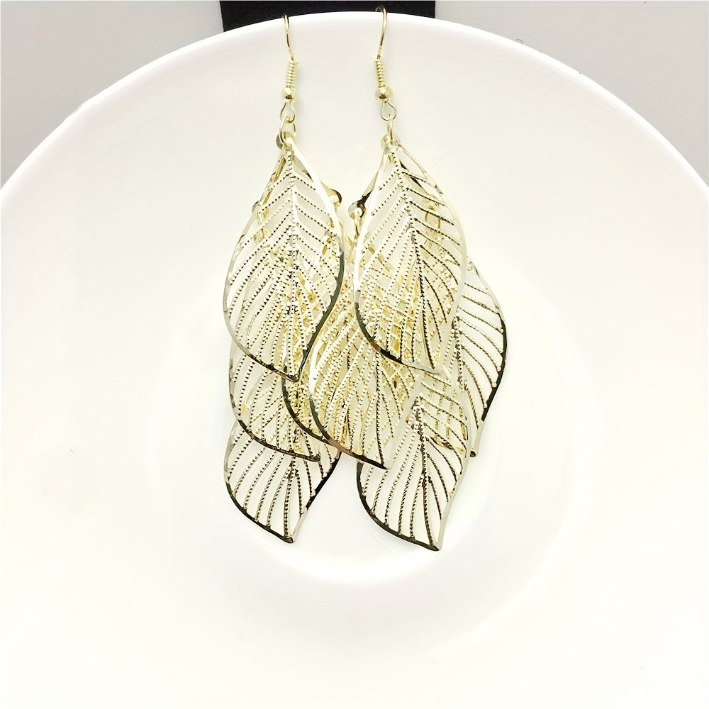 Hollow Leaf Pendant Golden Dangle Earrings Retro Boho Style