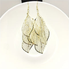 Hollow Leaf Pendant Golden Dangle Earrings Retro Boho Style