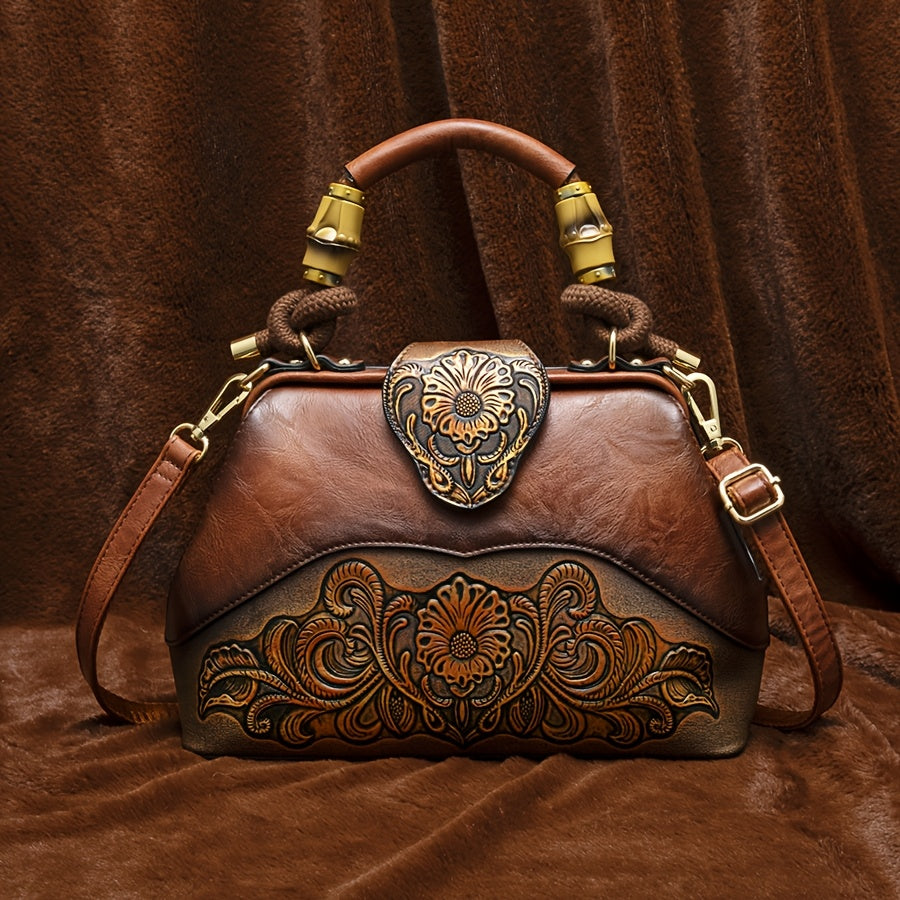 Vintage Style Handbag with Flower Pattern PU Material Shoulder Bag