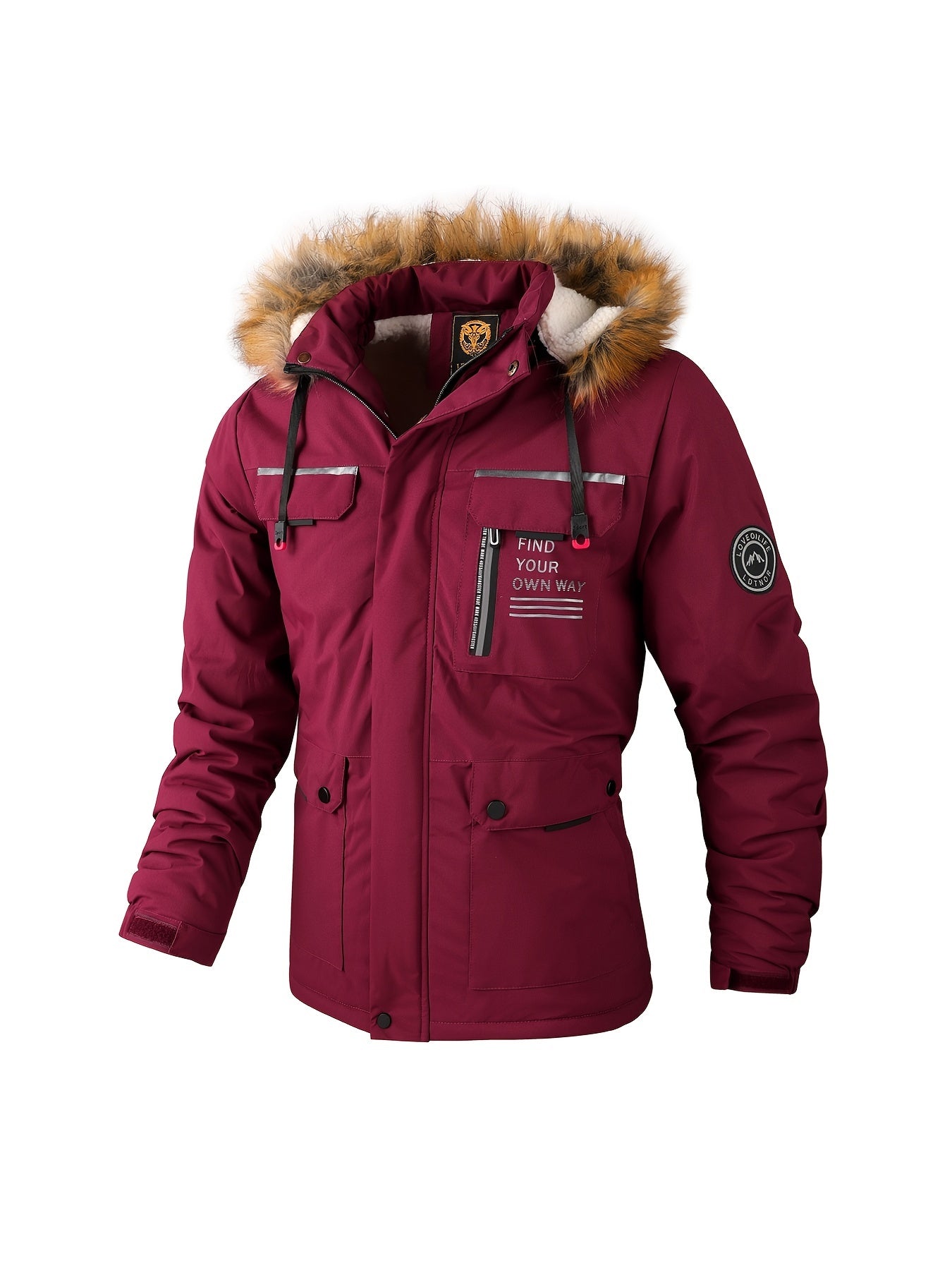 Men's Waterproof Padded Jacket With Faux Fur Hoodie Coat