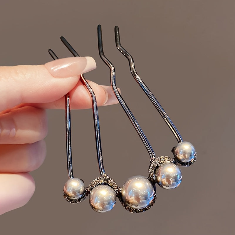 Vintage Bun Maker Hair Stick Pearl Embellished Alloy French Twist Hair Fork