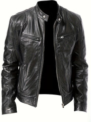 Men's Casual Solid Zip Up Stand Collar Faux Leather Jacket