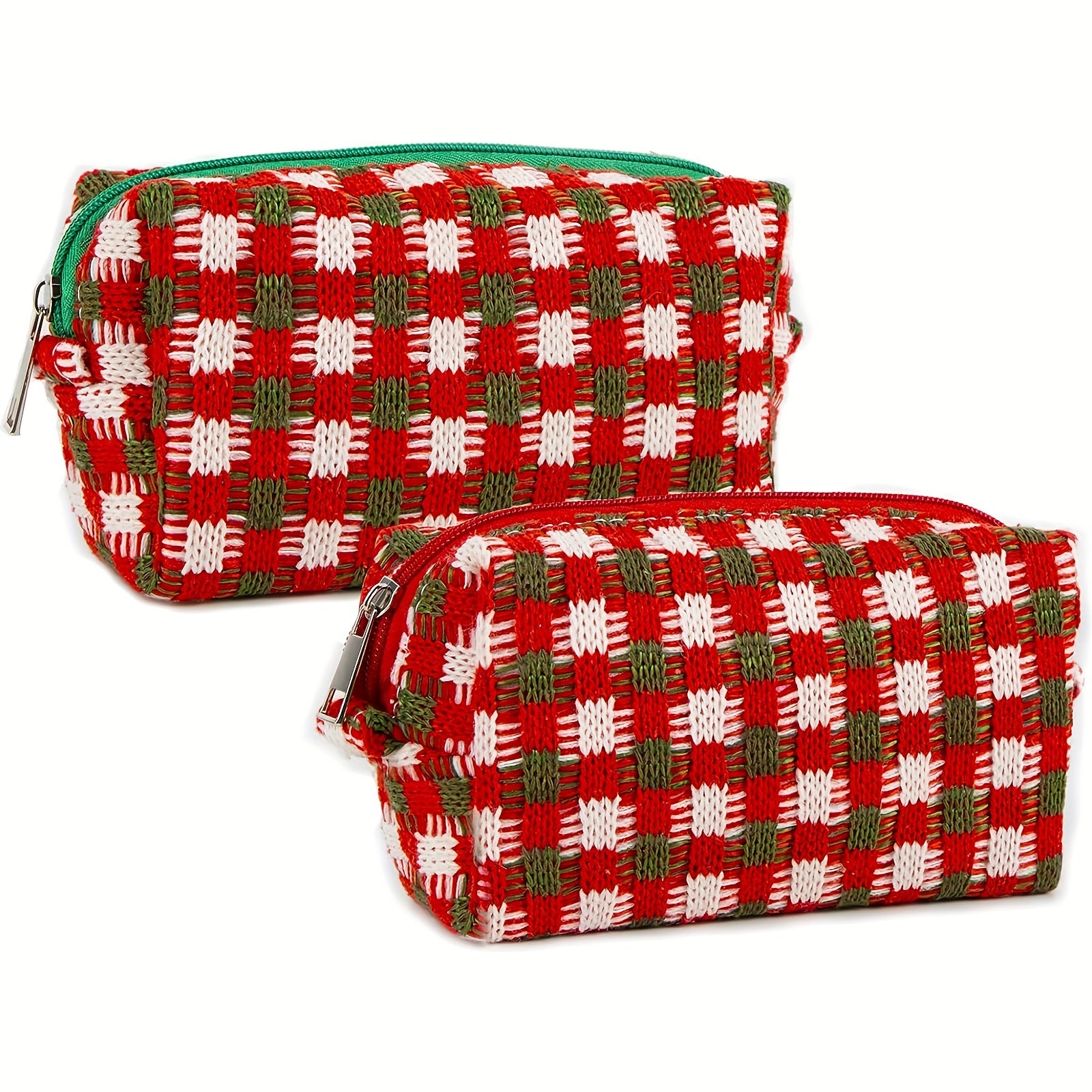Checkered Cosmetic Bag Knitted Christmas Red Green Makeup Pouch