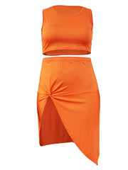 Solid Tank Crop Top & Draped Skirt Outfits Two Piece Set