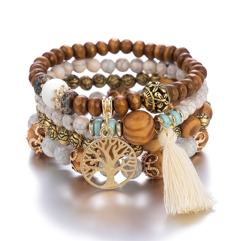 Boho Tree & Tassel Charm Beaded Bracelet Set
