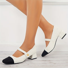 Women's Tweed Low Heel Mary Jane Colorblock Chunky Heels
