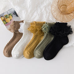 5 Pairs Girls Lace Brim Cotton Knit Socks for Autumn and Spring