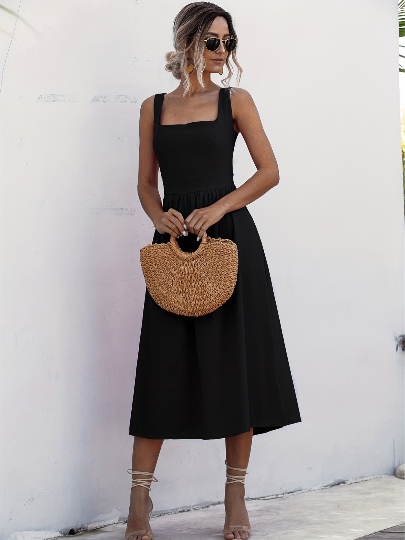 Women Solid Midi Long Dress Backless Slip Square Collar Ruched Party