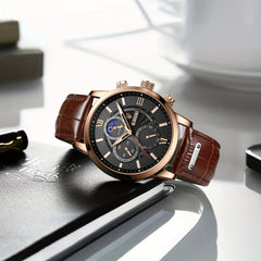 LIGE Men Watches Leather Waterproof Luminous Quartz Wristwatch