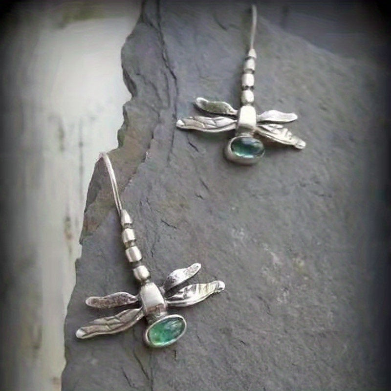 Vintage Dragonfly Stud Earrings with Oval Synthetic Gems for Party