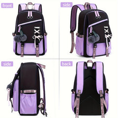 Girl School Backpack With Plush Ball Bag & Letter Pattern Strap