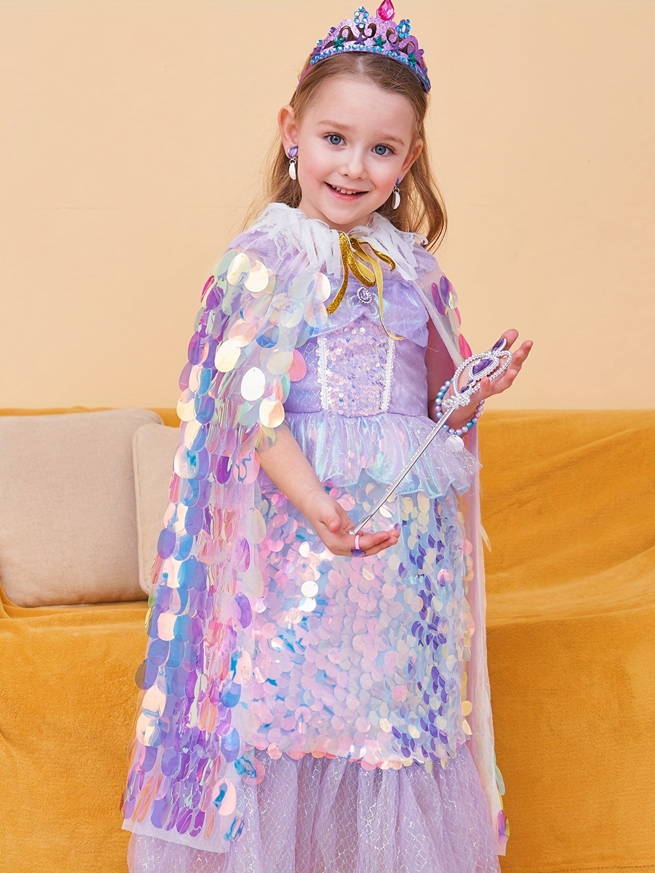 Girls Princess Cape Sequin Glitter Party Prop Kids Halloween Cloak Crown Cosplay