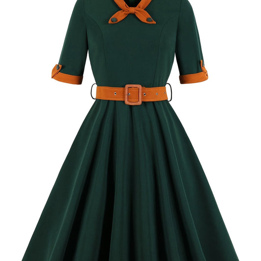Retro Dress Women's Plus Bow Tie Flared A line Party Dress