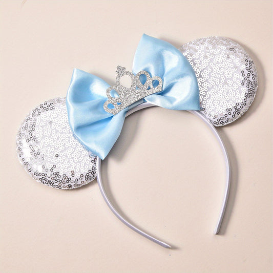 Girls Sequin Ears Big Bow Tie Crown Hair Hoop Holiday Birthday Party Dress Up