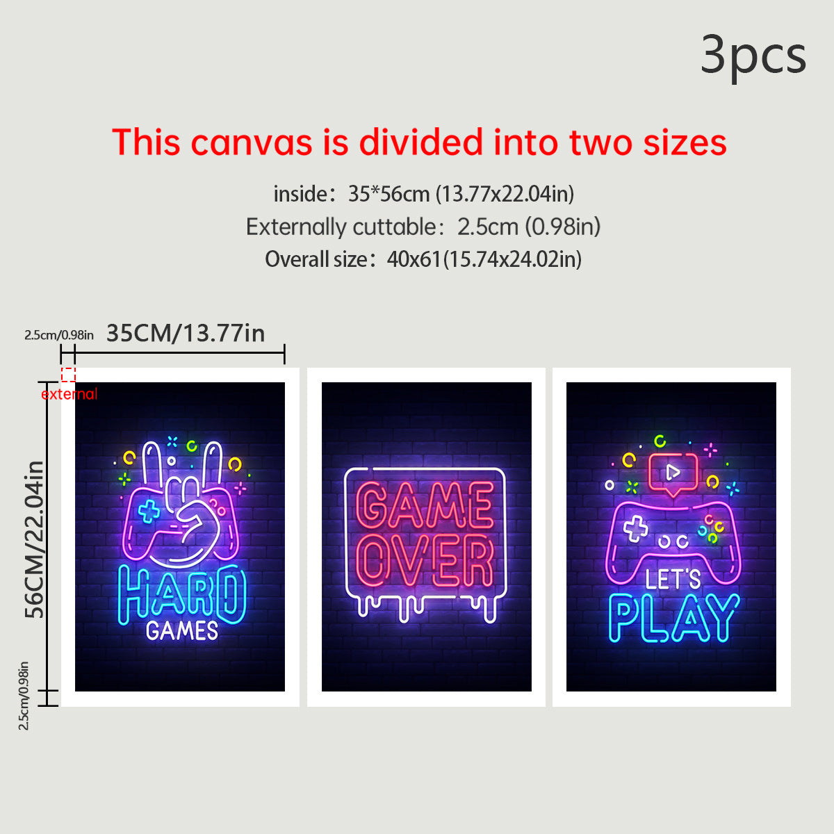 3pcs Abstract Game Controller & English Letter Canvas Prints
